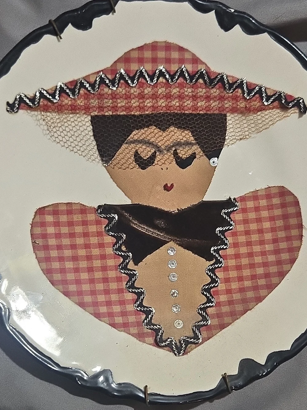 Folk Art Plate with Pink Gingham Doll